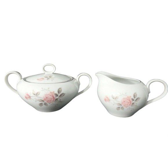 Gold China Creamer Sugar Bowl w Lid Spring Rose Platinum Trim Vintage Japan MCM - Picture 1 of 9